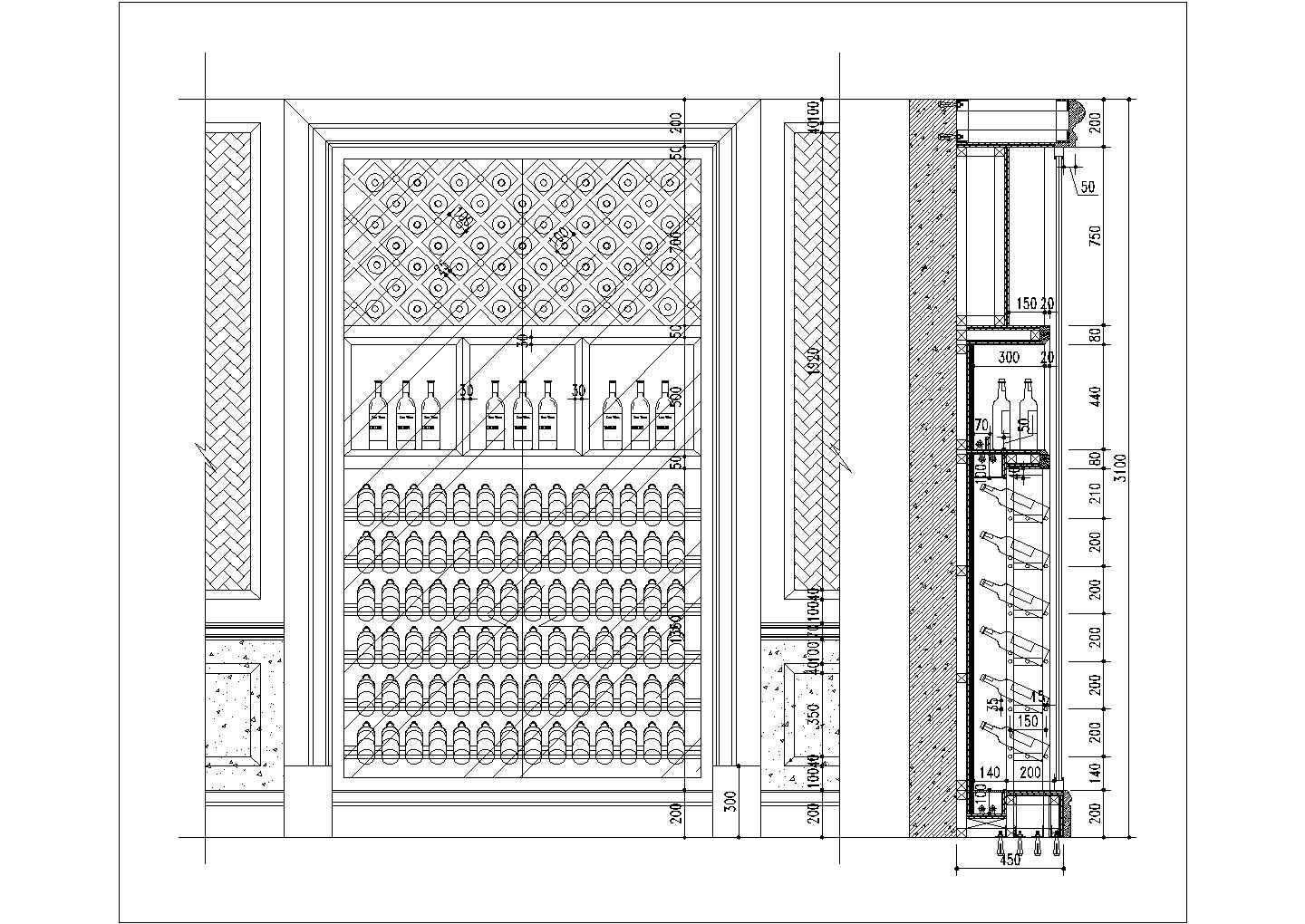 某红酒柜CAD节点施工设计平立面图