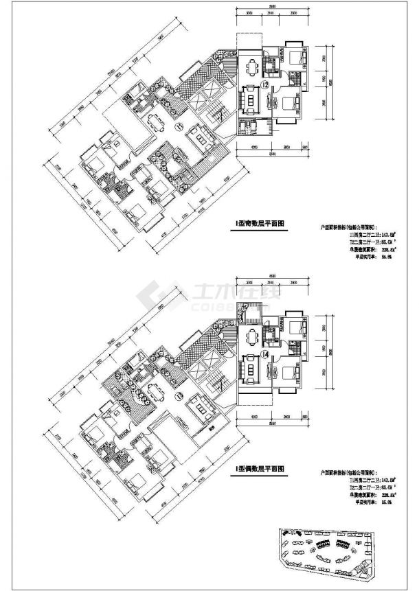 扬州市天郡华府小区三栋住宅楼奇偶层平面设计CAD施工图-图一
