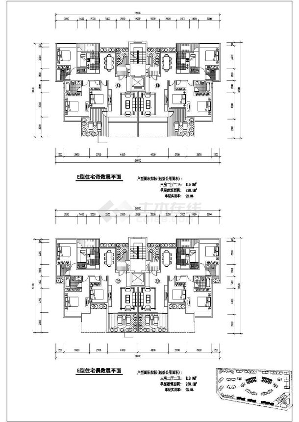 扬州市天郡华府小区三栋住宅楼奇偶层平面设计CAD施工图-图二