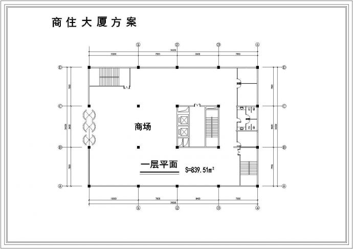 某三层商住大厦CAD平面详图_图1