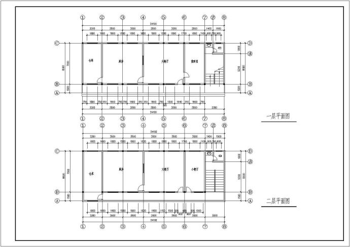 某框混结构二层干警食堂设计cad建筑平面图_图1