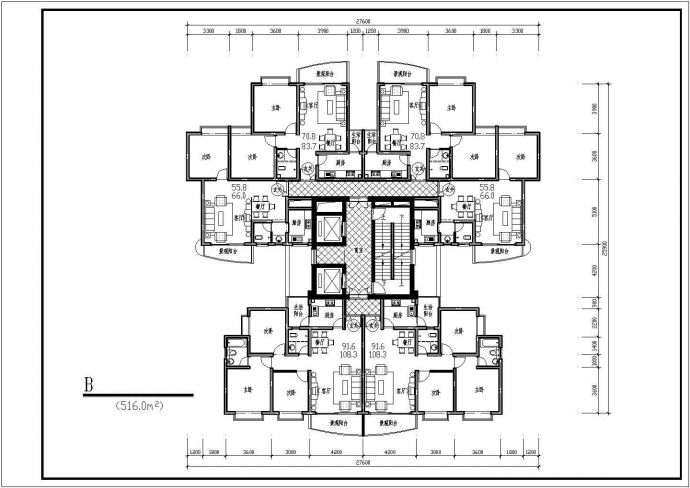 某高层住宅楼设计cad户型平面方案图_图1