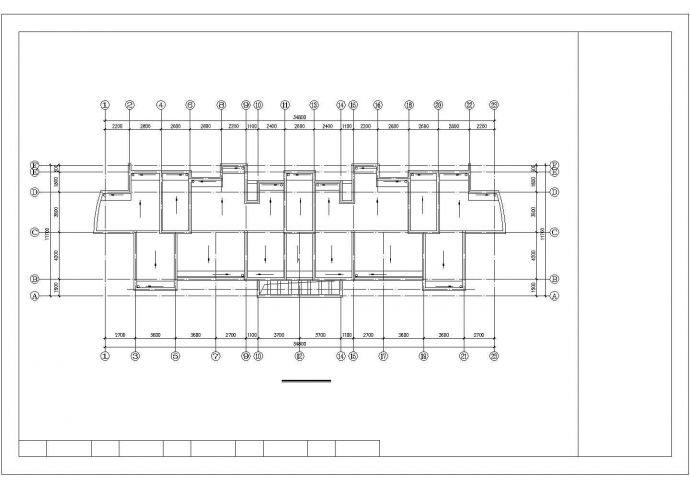 长34.8米 宽11.7米 五层单身公寓楼3单元每单元2户对称户型设计图（无剖面图）_图1
