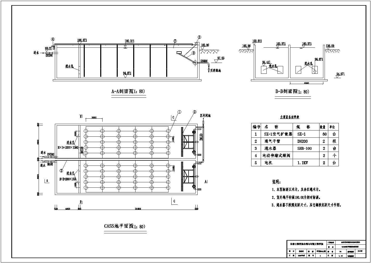 【苏州】某医院污水处理全套施工设计cad图纸(含污水处理站高程图)