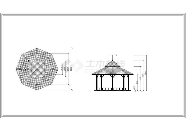  Plan and elevation of landscape octagonal pavilion with length of 8m and width of 8m - Figure 1