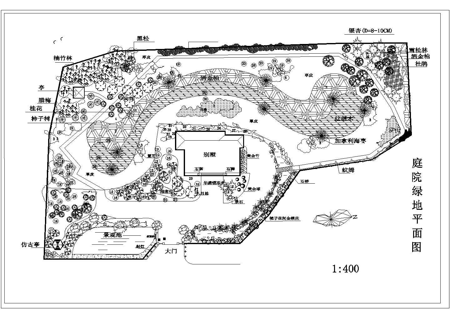 某庭院绿地规划设计cad施工总平面图（甲级院设计）