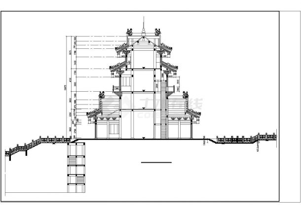 长54.6米 宽51.2米 望海楼古建筑一层的平面及一立一剖面图-图二
