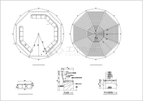 长6.12米 宽6.12米 木结构八角景亭 平立断面 基础及地梁布置 平面铺装图 节点-图一