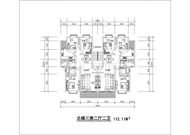 1梯2户住宅户型设计图【北梯，3室2厅2卫2阳台、每户112.11平米】-图一