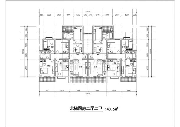 1梯2户住宅户型设计图【北梯，4室2厅2卫3阳台、每户143.6平米】-图一