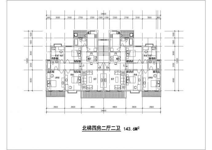 1梯2户住宅户型设计图【北梯，4室2厅2卫3阳台、每户143.6平米】_图1
