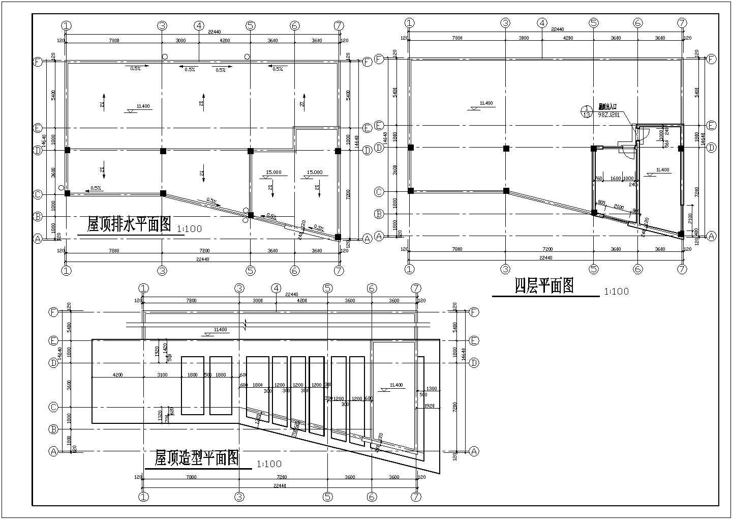 长22.44米 宽14.64米 4层小汽车站建施图【各层平面 屋顶造型及排水平面 4立面】