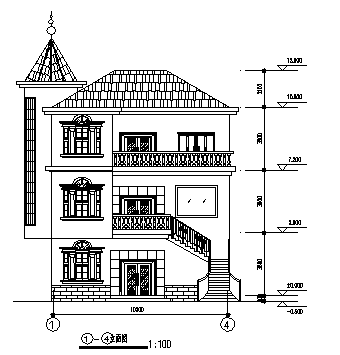 别墅设计_某三层美式风格农村别墅建筑设计cad图纸-图二