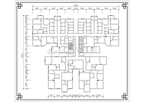 济南市长山花园小区高层住宅楼局部平面设计CAD图纸（1梯4户）-图一