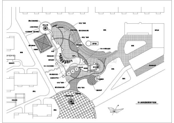 某休闲广场中心绿地园路铺装设计cad施工平面图-图一