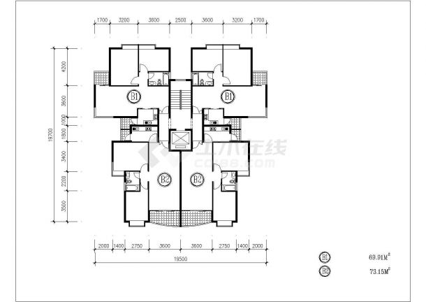 69+73平米对称户型1梯4户型住宅楼标准层平面设计CAD设计图-图一