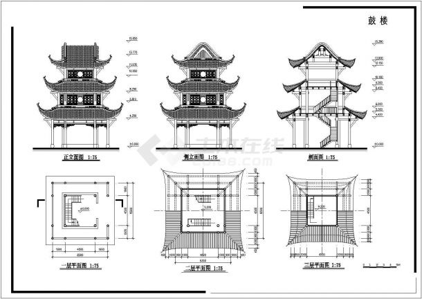 长8.3米 宽8.3米 三层宝轮寺鼓楼建筑设计（无屋顶平面图）-图一
