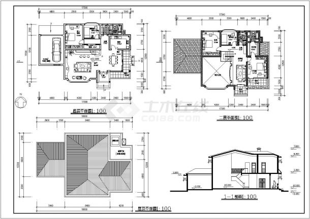 二层现代风格豪华别墅建筑施工cad图纸，含平立面图-图二