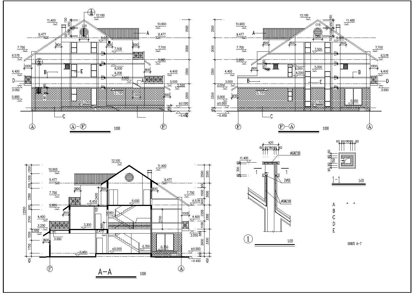 某简单斜屋顶家庭别墅建筑设计方案施工CAD图纸