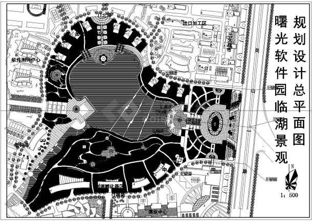 曙光软件园临湖绿化规划设计cad施工总平面图纸-图一