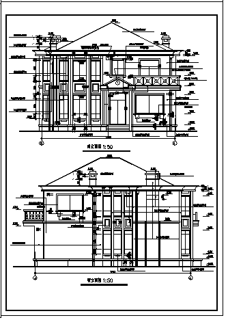 二层带双烟囱新中式风格别墅建筑施工cad图，共八张-图二