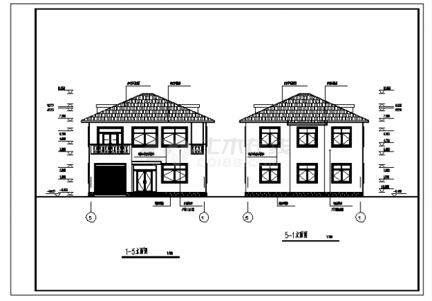 二层坡屋顶现代风格独立别墅建筑施工cad图(带阁楼设计，共七张)-图二