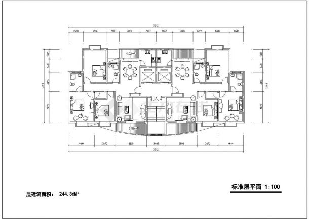 小区高层住宅标准层对称户型设计图【1楼梯2电梯、3室2厅2卫2阳台、每户100平米】-图一