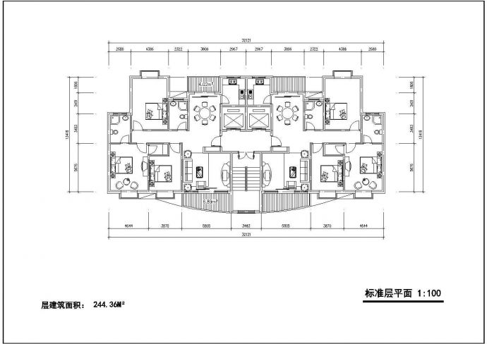小区高层住宅标准层对称户型设计图【1楼梯2电梯、3室2厅2卫2阳台、每户100平米】_图1