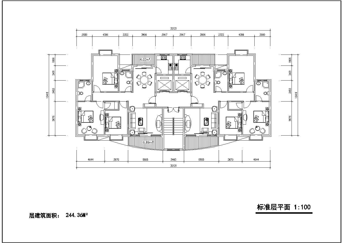 小区高层住宅标准层对称户型设计图【1楼梯2电梯、3室2厅2卫2阳台、每户100平米】