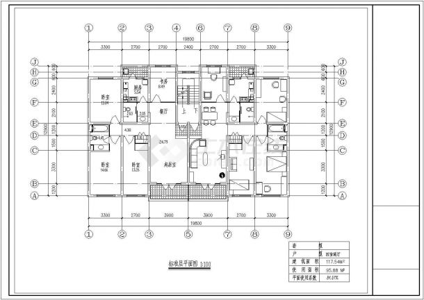 小区住宅1梯2户标准层对称户型设计图【4室2厅2卫2阳台 117.54平米】-图一