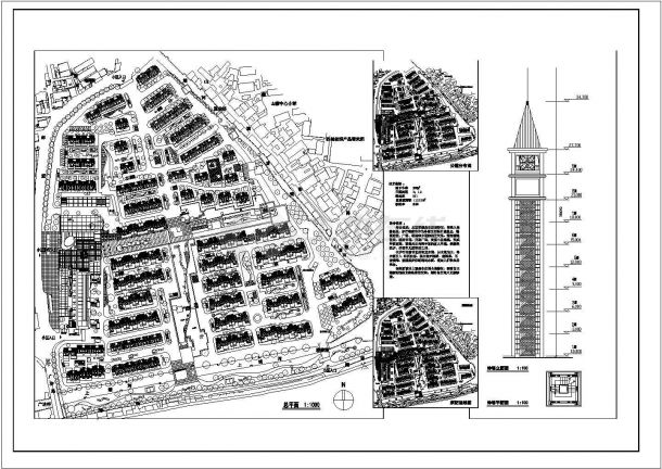 小区规划总平面图1张 含公建分布图、技术指标、设计说明、消防流线图、钟塔平立面图-图一