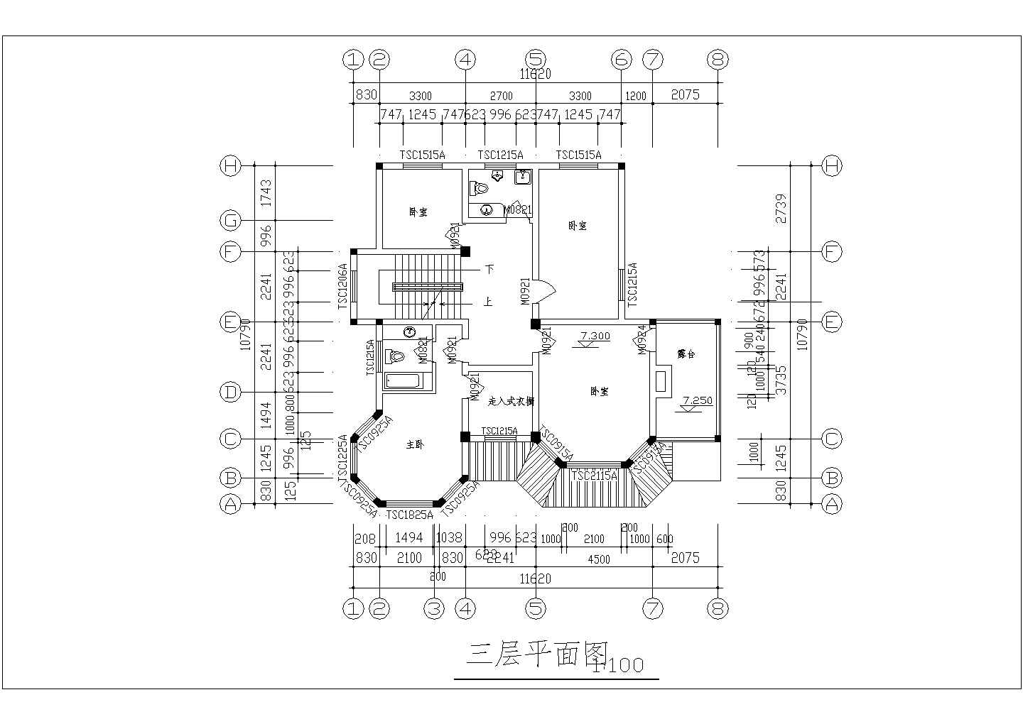 长11.62米 宽10.79米 3层别墅建筑方案【各层平面 正立面图】