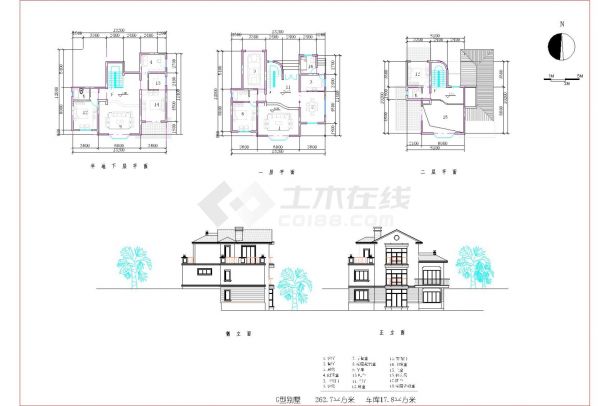 某二层带地下室混合结构欧式小别墅设计cad建筑方案图-图一