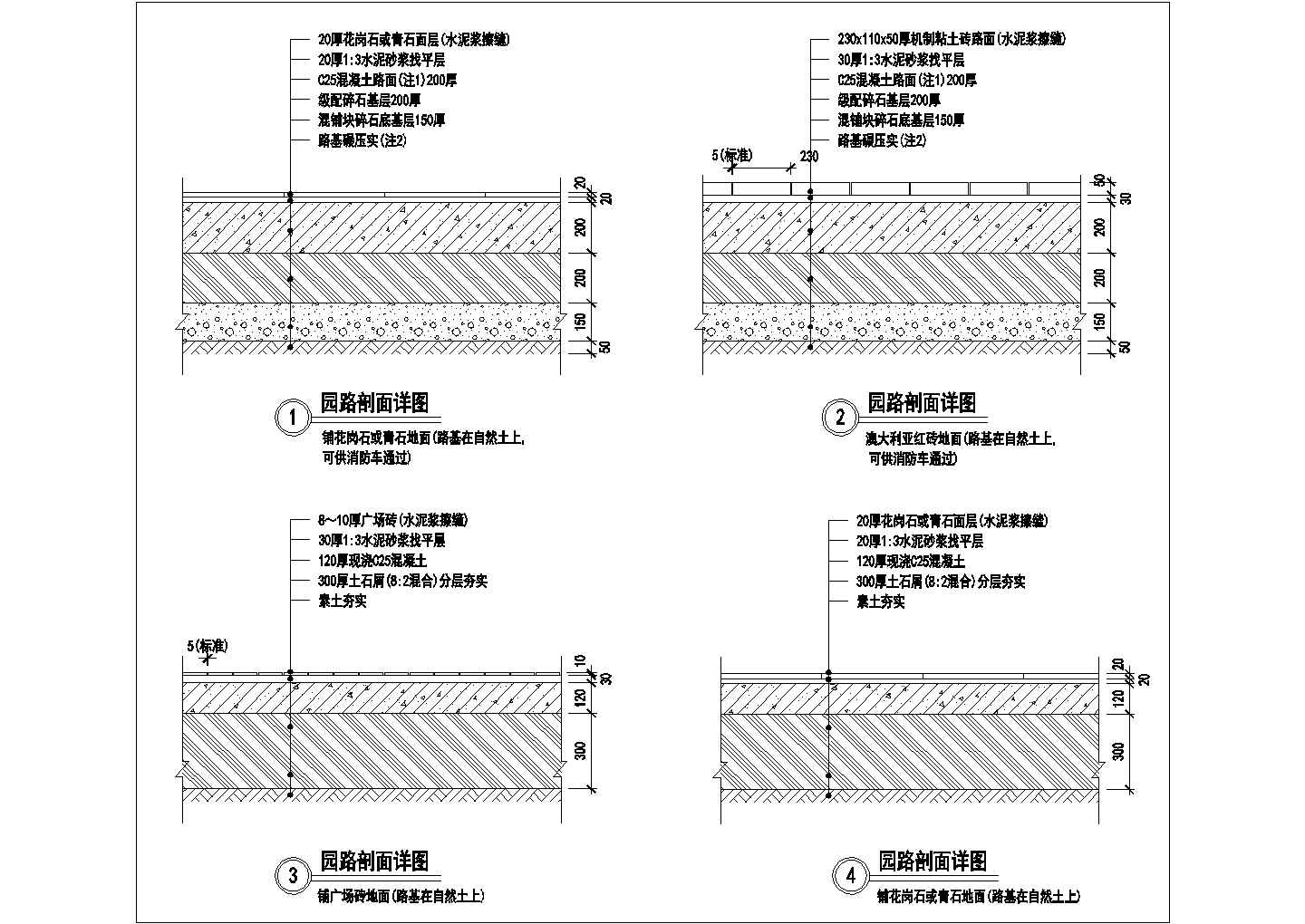 某景观工程园路铺地设计cad施工剖面详图（含6种类型设计）