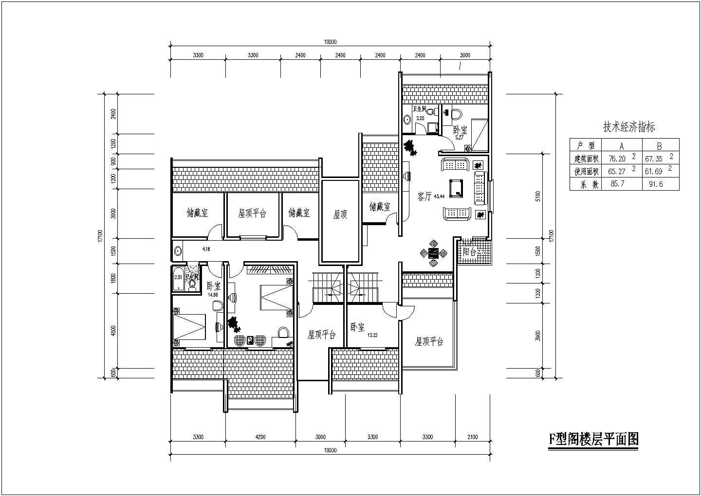 二室二厅76平米住宅户型设计图