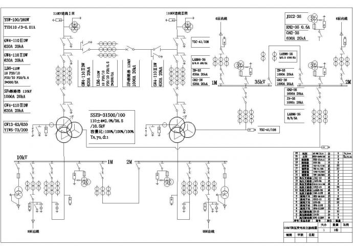 [接线图]某大型110kV降压变电站设计cad电气主接线图（标注详细）_图1