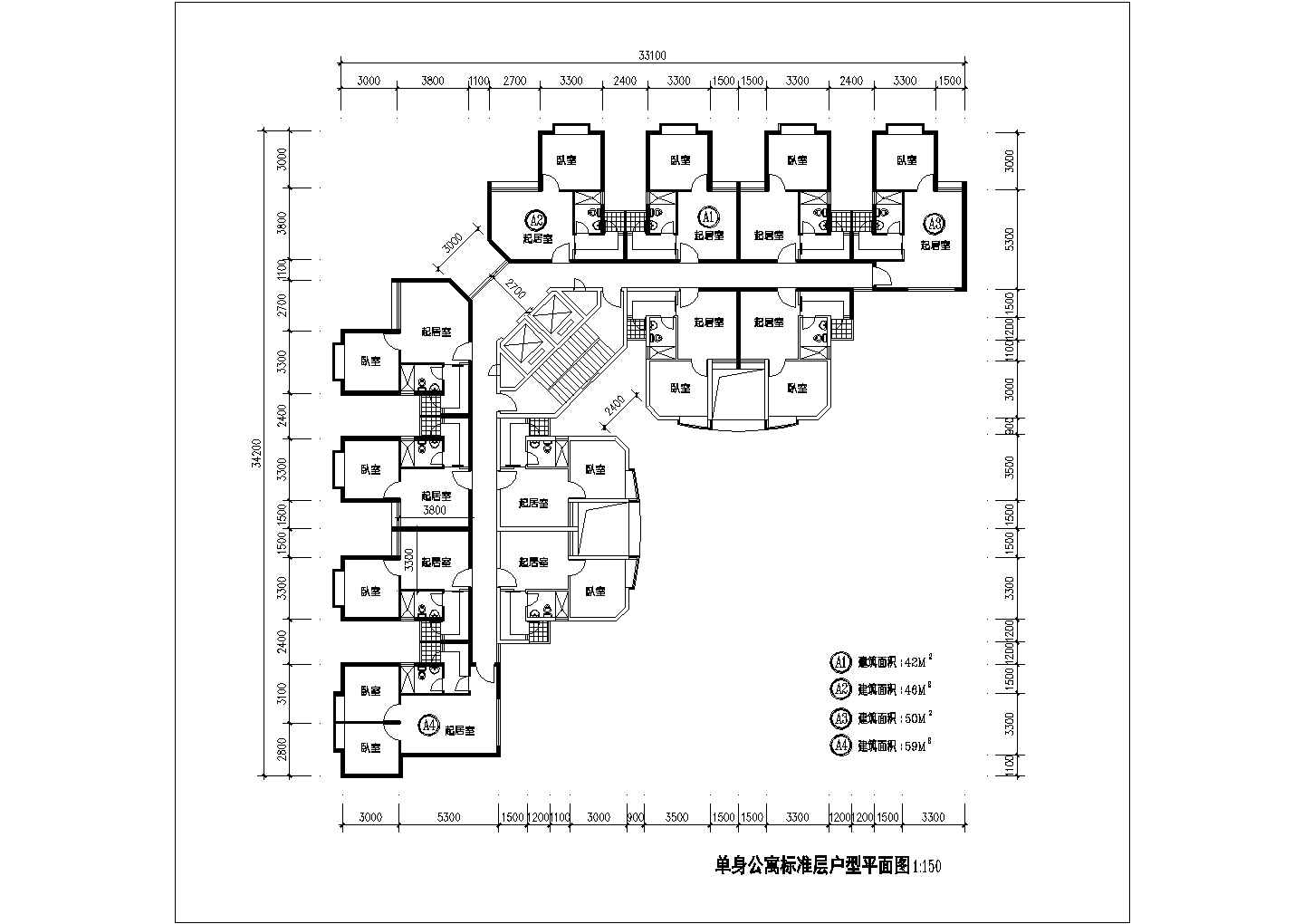 某1楼2电梯12户单身公寓标准层设计cad户型平面图