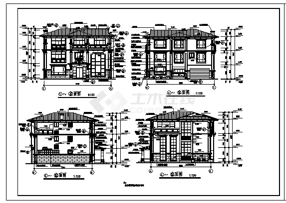 三层框架结构欧式别墅全套建筑施工cad图(带地下室设计，共十二张)-图二