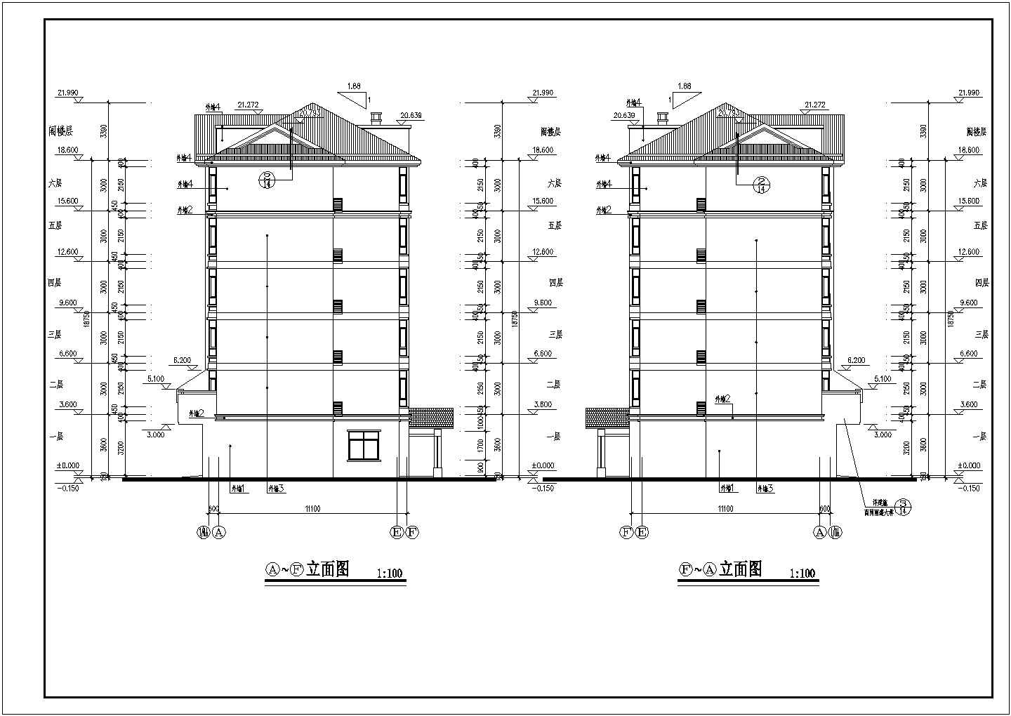 6层阁楼2单元住宅楼建筑设计图