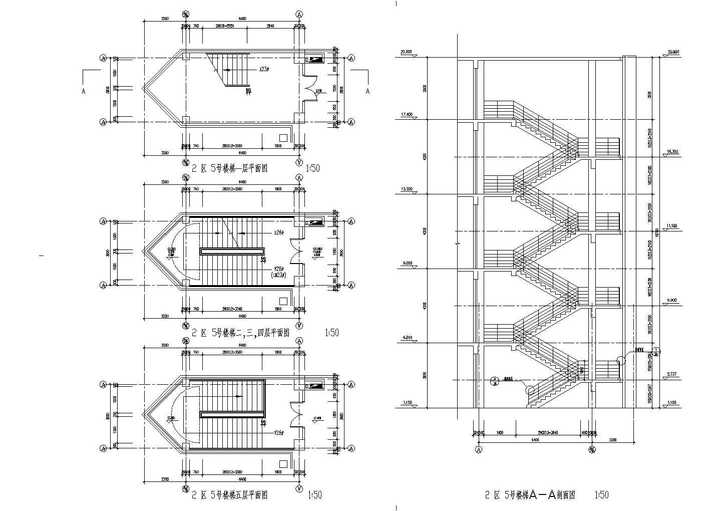 多层双折混凝土楼梯施工详图（CAD节点大样）