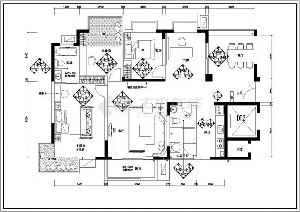 上海某开发商花园洋房样板房装修设计施工CAD图-图二