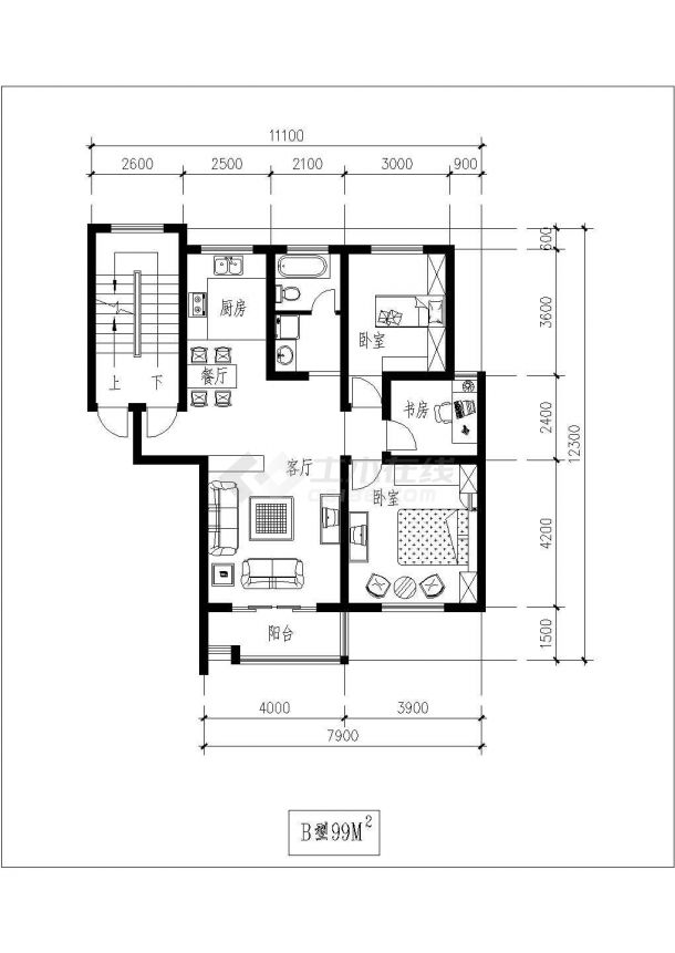 经典独户型住宅设计cad建筑平面方案图-图二