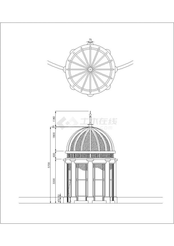 某圆顶景观亭设计cad建筑施工详图（英文标注）-图一
