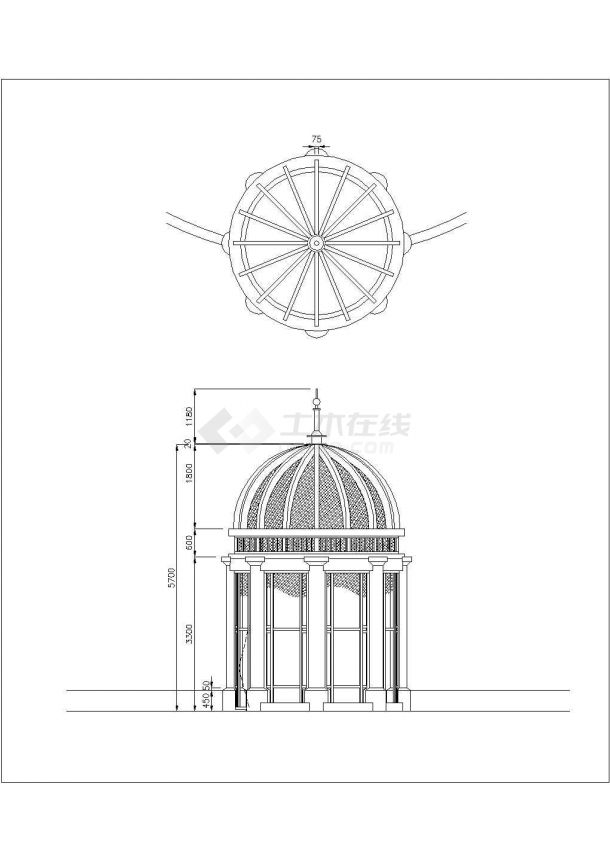 本資料為:某圓頂景觀亭設計cad建築施工詳圖(英文標註);內含:平面圖