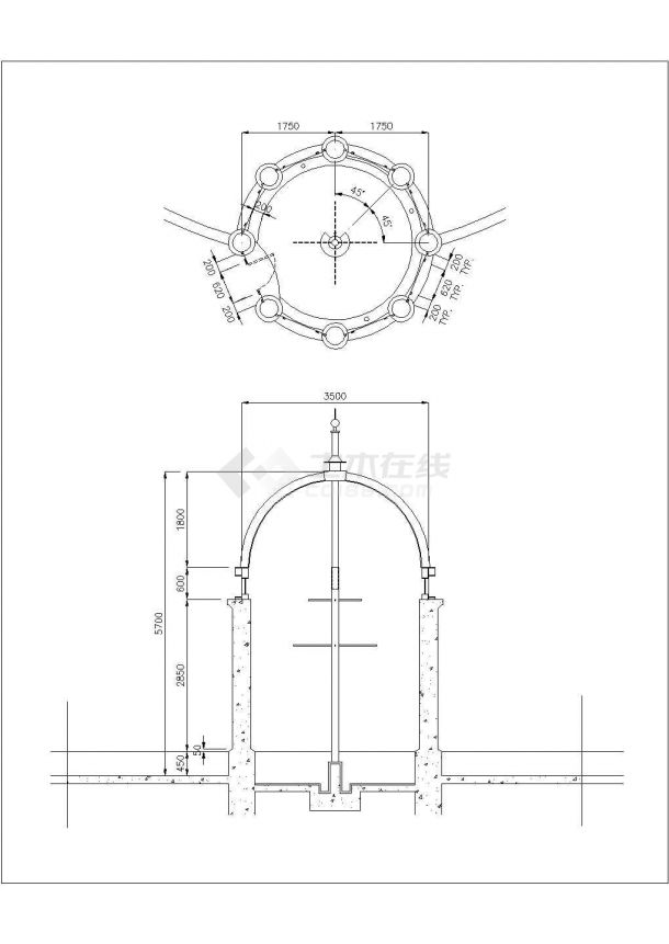 某圆顶景观亭设计cad建筑施工详图（英文标注）-图二