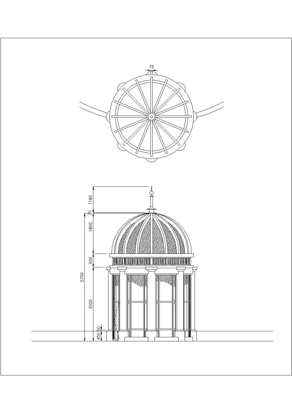 某圆顶景观亭设计cad建筑施工详图（英文标注）