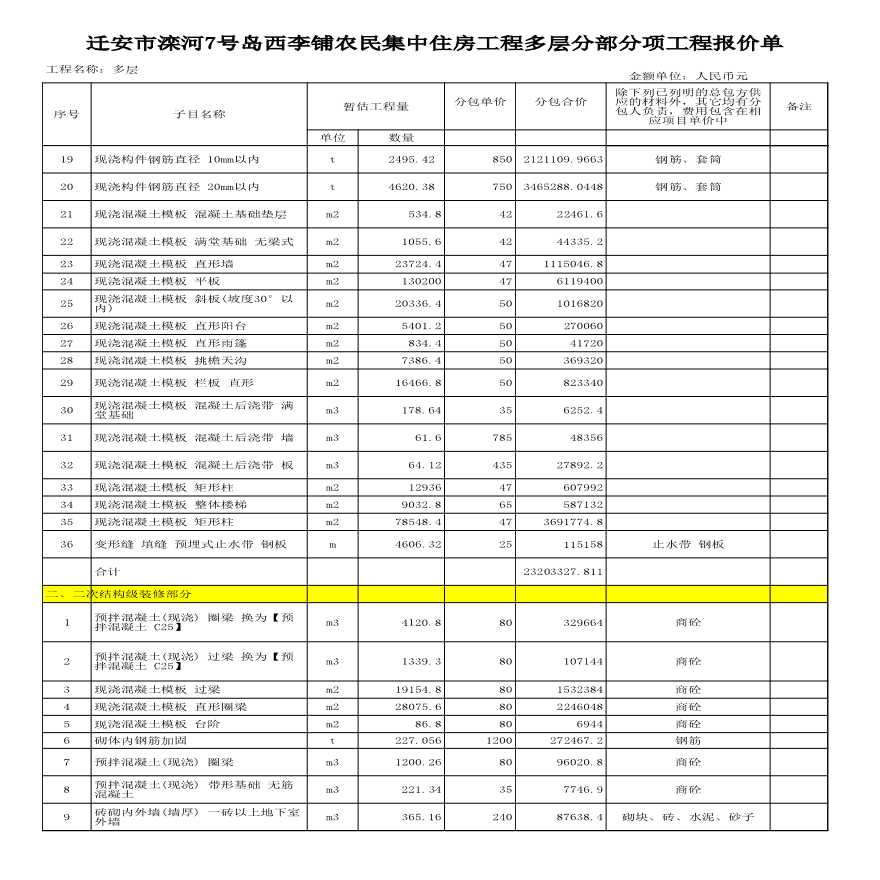 3、迁安项目重庆市津北建筑工程有限公司二次报价 - 拆分-图二