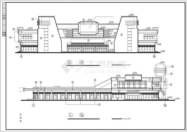 某地二层长途汽车客运站全套施工设计cad图纸（含立面图，剖面图，平面图）-图二