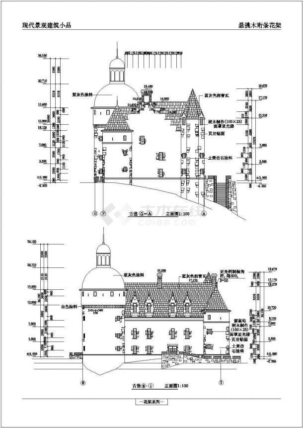 某欧式风格景观古堡设计cad全套建筑施工图