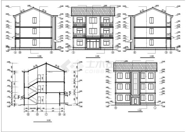 潮汕市某村镇400平米左右3层砖混结构单体别墅建筑设计CAD图纸-图二